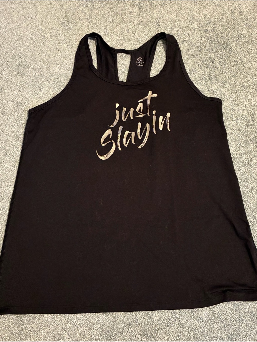 Champion Black Racerback Tank with Metallic "Just Slayin" Script
